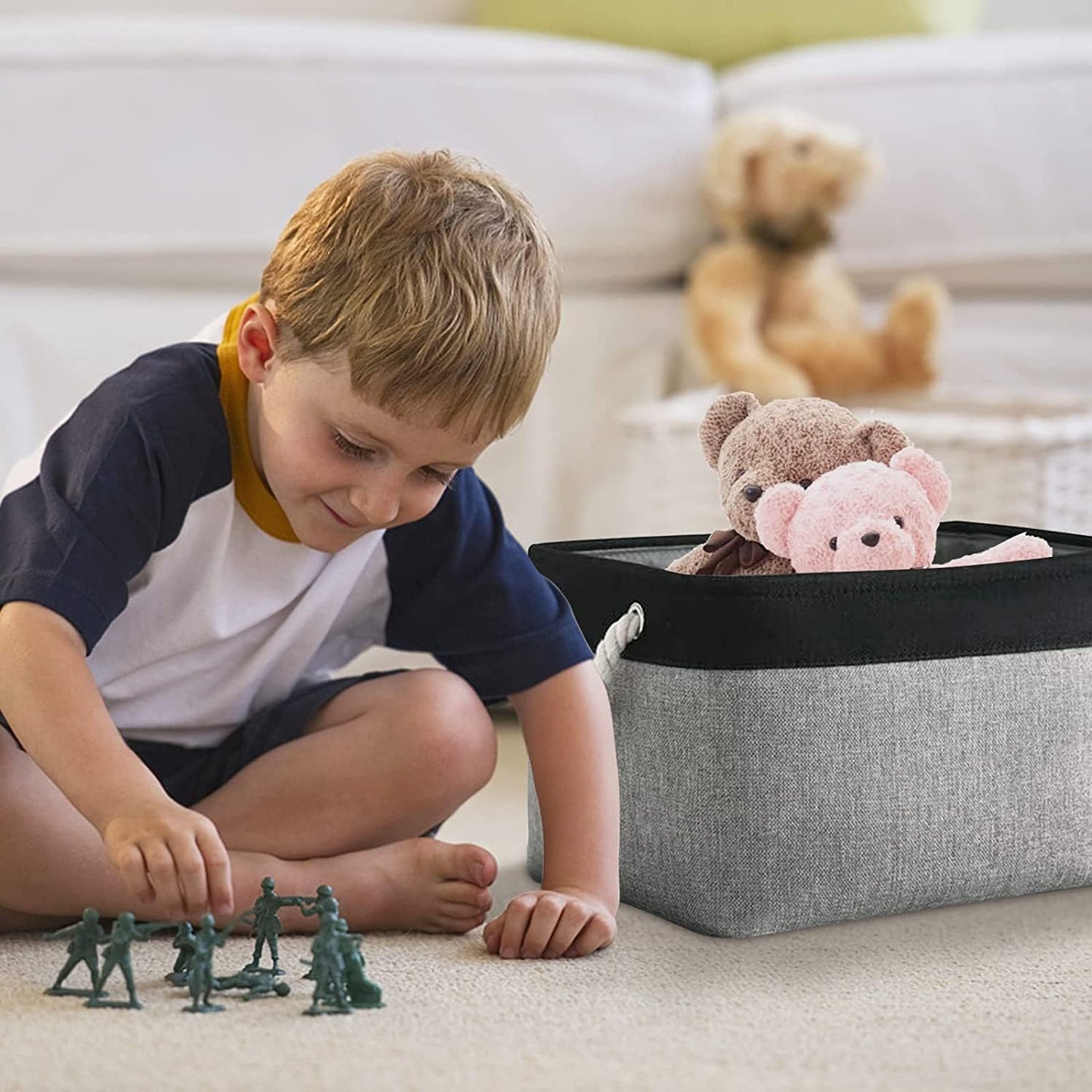 TcaFmac Storage Basket for Organizing - Large 4 Pack Canvas Decorative Storage Bins Baskets for Shelves with Ropes, Foldable Storage Cubes for Closet Cloth Toy Linen(Black & Grey 16x12x8 inch)