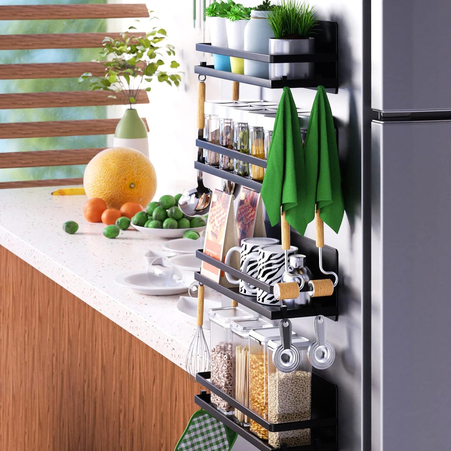 Magnetic Spice Rack for Refrigerator,Magnetic Shelf Fridge Organizer for Kitchen, Space Saver Container for Kitchen/Apartment, Drill Free, Black 2 Pack