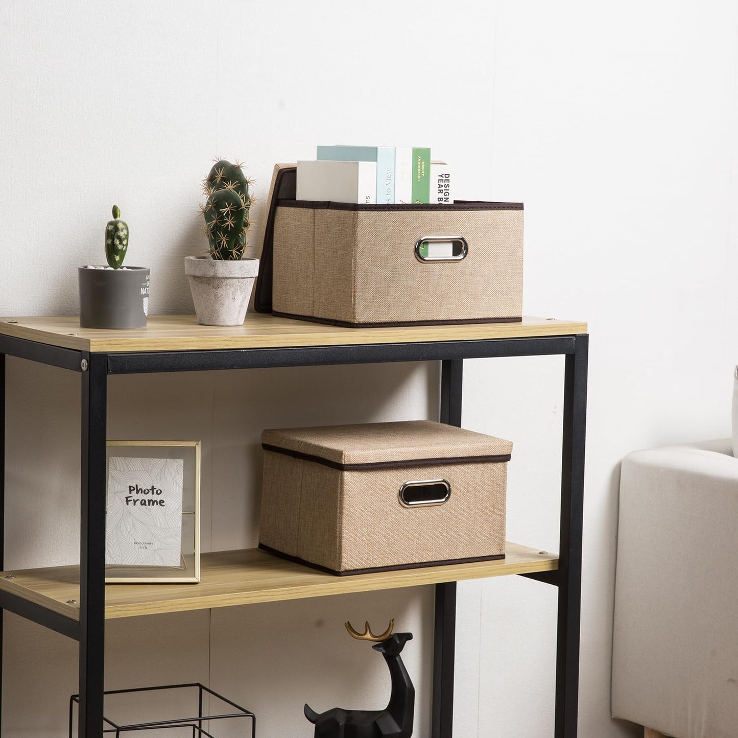 PRANDOM Storage Bins with Lids [3-Pack] Jute Fabric Foldable Storage Boxes Organizer Containers Baskets Cube with Cover for Home Bedroom Closet Office Nursery khaki（11.4X8.6X6.7