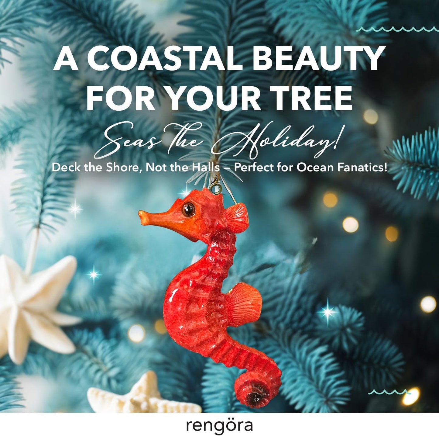 Hand-Painted Beach Christmas Ornament – Coastal Tree Decoration for Ocean Lovers – Unique Nautical Ornament for Christmas Tree or Stocking Stuffer Gift (Red Seahorse)