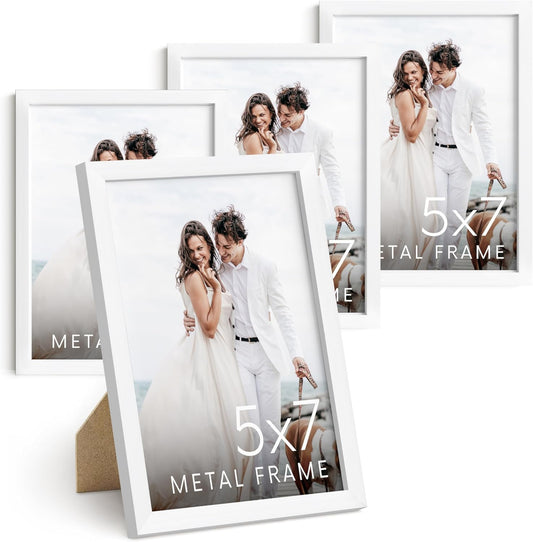 HAUS AND HUES 5x7 White Metal Picture Frames - Photo Frames 5X7 - Features Premium Aluminum, Vertical Hanging, Easel Back for Tabletop, Home, Office (5x7 in, White, Set of 4)