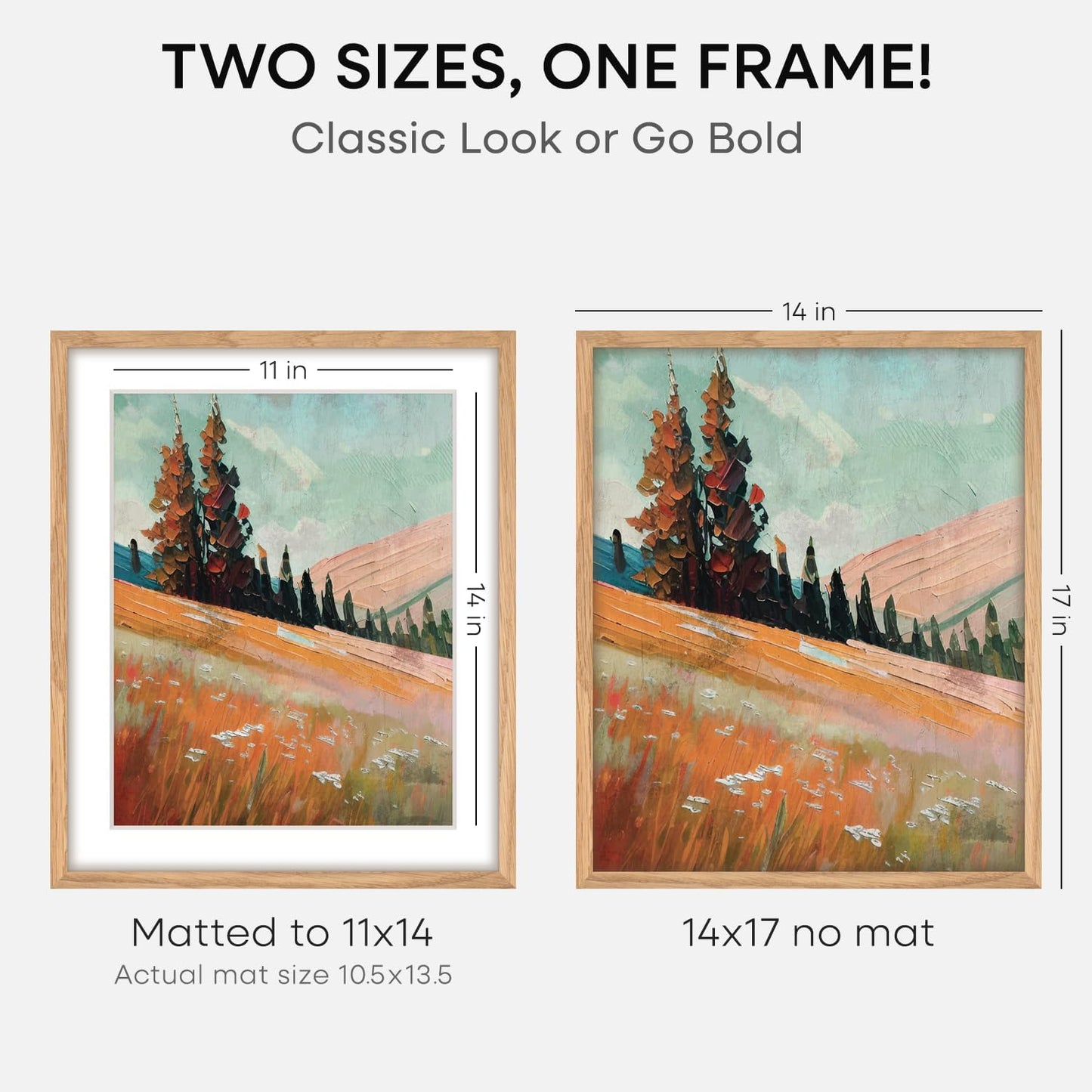 Homeforia 14x17 Natural Oak Wood Picture Frame with 11x14 Mat, Tempered Glass, Wall Hook Included