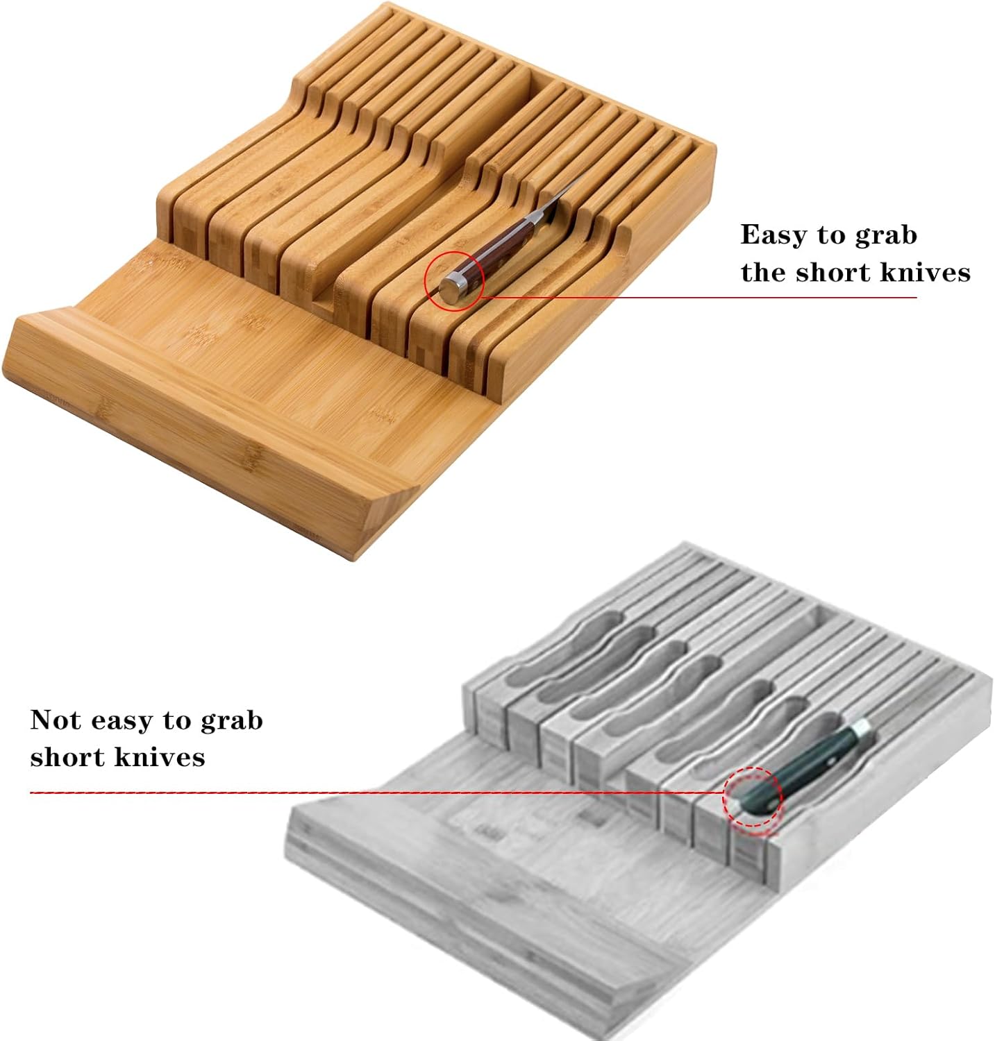 Bamboo Kitchen Drawer Knife Holder, In-drawer Knife Block, Knife Drawer Organizer fit for 16 knives and 1 steel sharpening