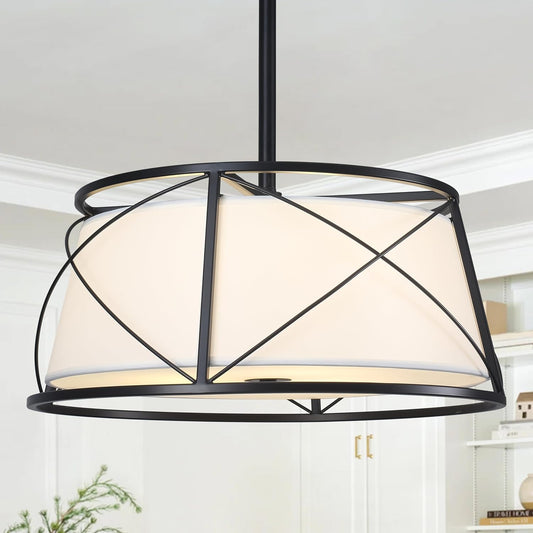 15.7" Black Drum Chandelier,3-Light Modern Farmhouse Chandelier,White Fabric Drum Shade Pendant Light Fixture for Dining Room Kitchen Island Bedroom Entryway
