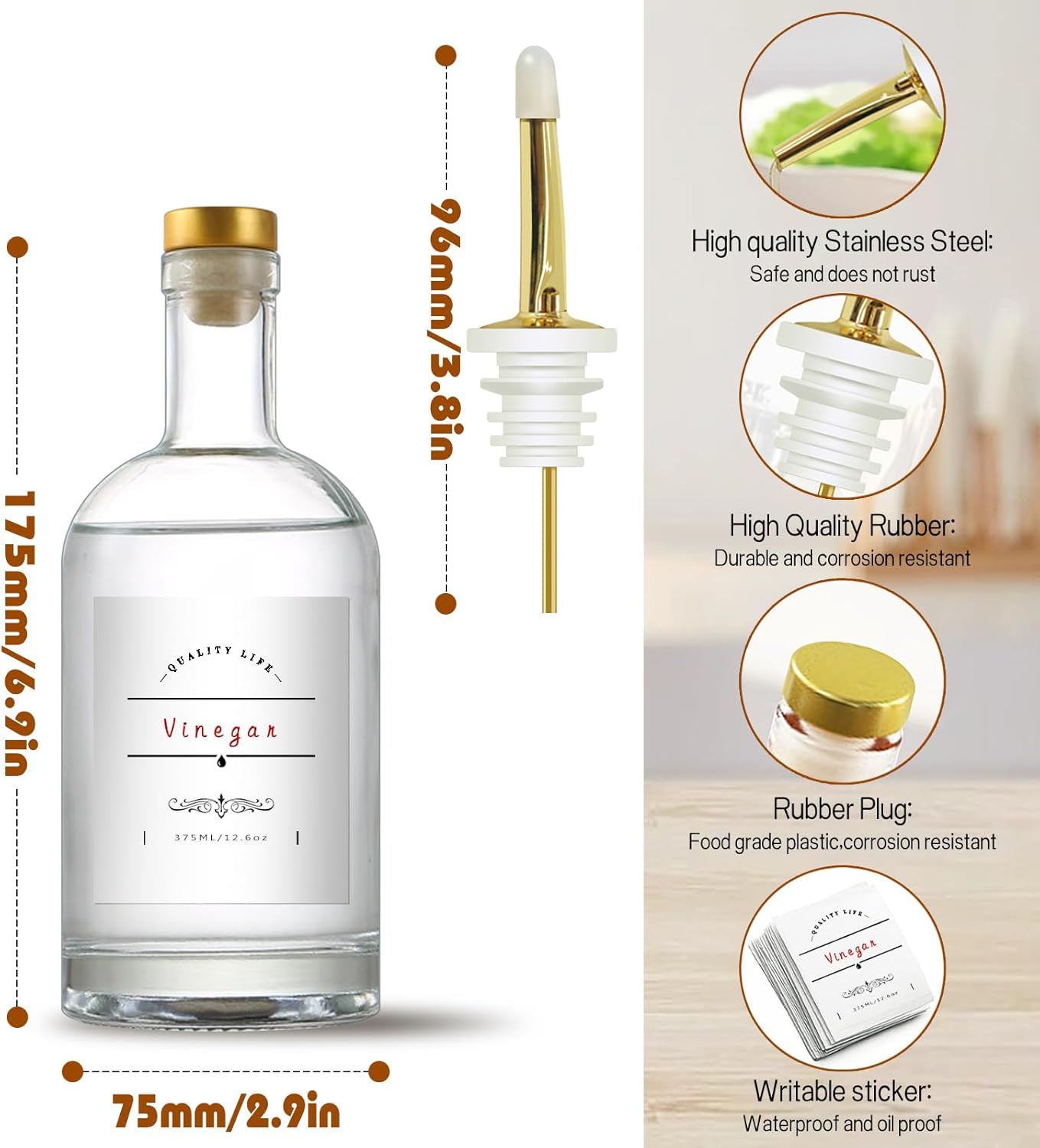 Olive Oil Dispenser Bottle for Kitchen, Clear Glass Oil and Vinegar Dispenser Set, Coffee Syrup Dispenser, Container With Metal Pour Spout, Airtight Lid, Funnel, Waterproof Labels (375ml-4 Pack)