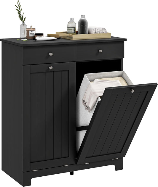 HOMCOM Laundry Hamper Cabinet with 2 Removable Baskets, Tilt Out Laundry Hamper Cabinet with 2 Drawers and 2 Beadboard Doors, Laundry Cabinet Bathroom Storage Cabinet, Black