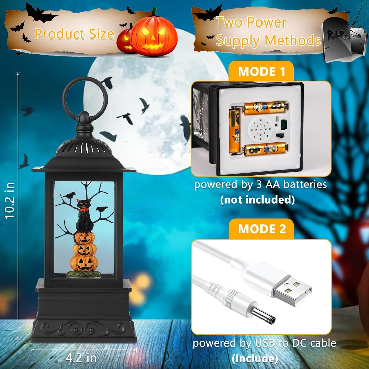 10'' Halloween Snow Globe, Lighted Musical Glitter Globe, Battery Operated or USB Powered Glitter Lantern for Spooky Halloween Festival Party Home Table Decorations (Pumpkin and Black Cat Combo)