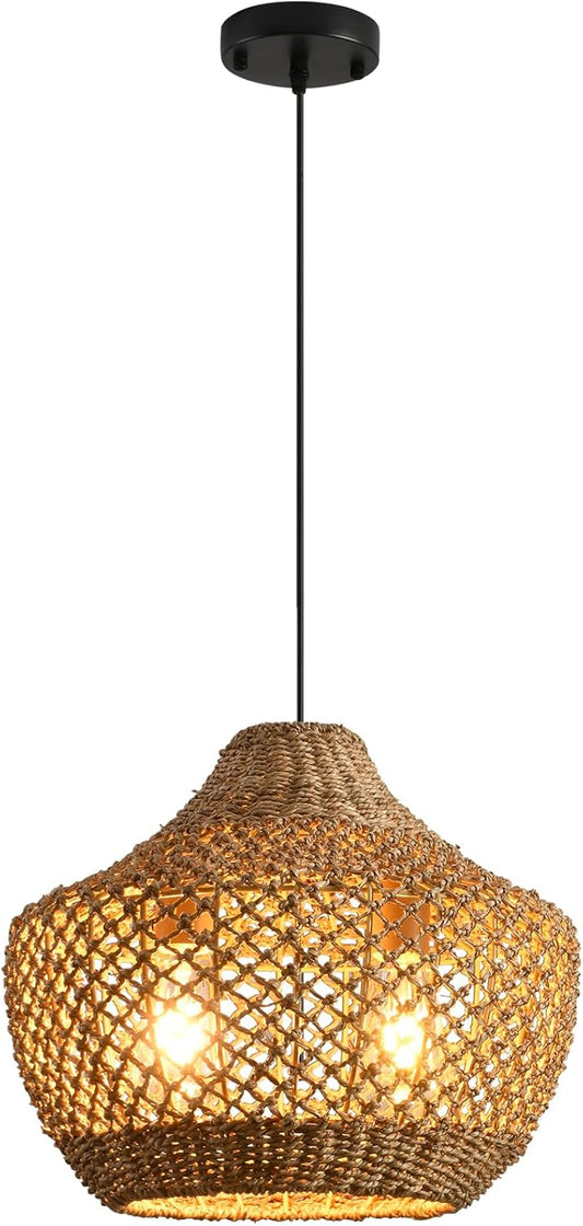 14.96” Rattan Chandelier,2- Light Boho Wicker Pendant Lights, Handmade Woven Suspension Farmhouse Ceiling Fixture for Kitchen Island Bedroom Living Room