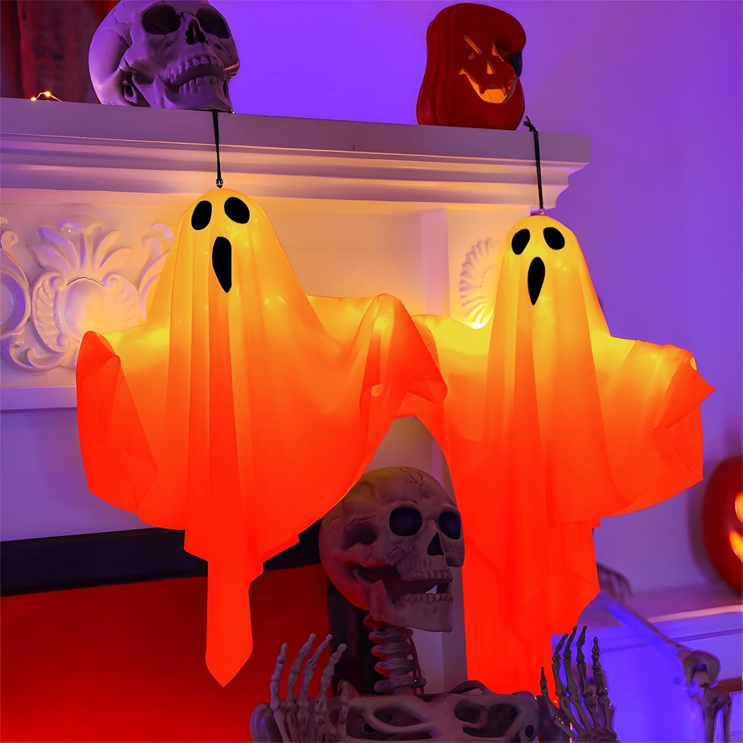 Halloween Light-up Ghost Decorations,Halloween Hanging Flying Ghosts with String Lights,Battery Operated Light up Spooky Ghosts Ornaments for Front Yard, Patio, Lawn, Garden, Party, 19.6 Inch, 2 Pack