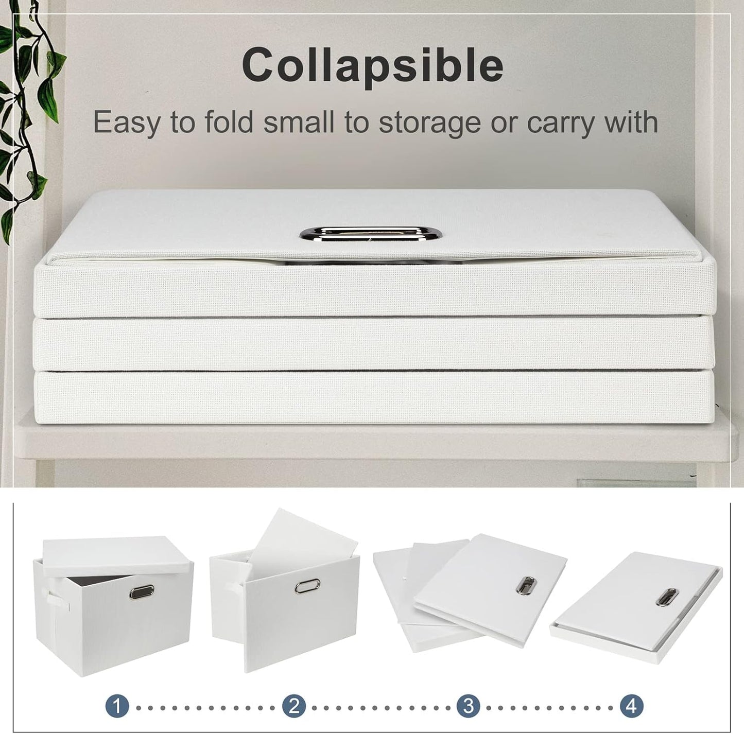 Large 17" 36 Quart Collapsible Stackable Storage Bins with Lids, 1 Pack White Foldable Fabric Closet Storage Boxes with Lids, 4 Handles Heavy-duty Linen Cube Baskets for Bedroom