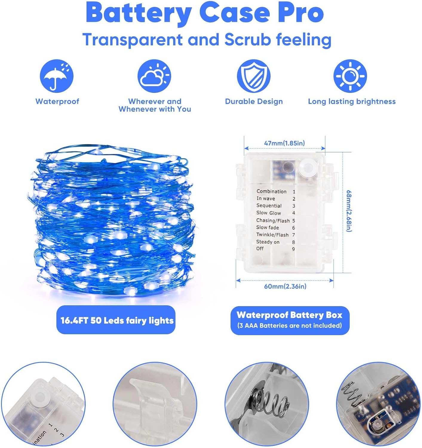 1 Pack 16.4 Ft. Battery Operated Outdoor String Lights with Remote & Timer, LED Blue Fairy Lights, Waterproof Twinkle Lights for Bedroom, Dorm, Mason Jar, Wedding, Party, Christmas