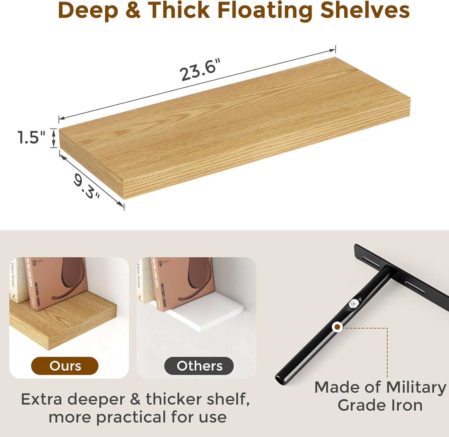 24 x 9 Floating Shelves, 9 Inch Deep Floating Shelf Wall Mounted, 24 Inch Bathroom Shelves Set of 2, Rustic Wood Wall Shelf for Bedroom, Living Room, Oak Color