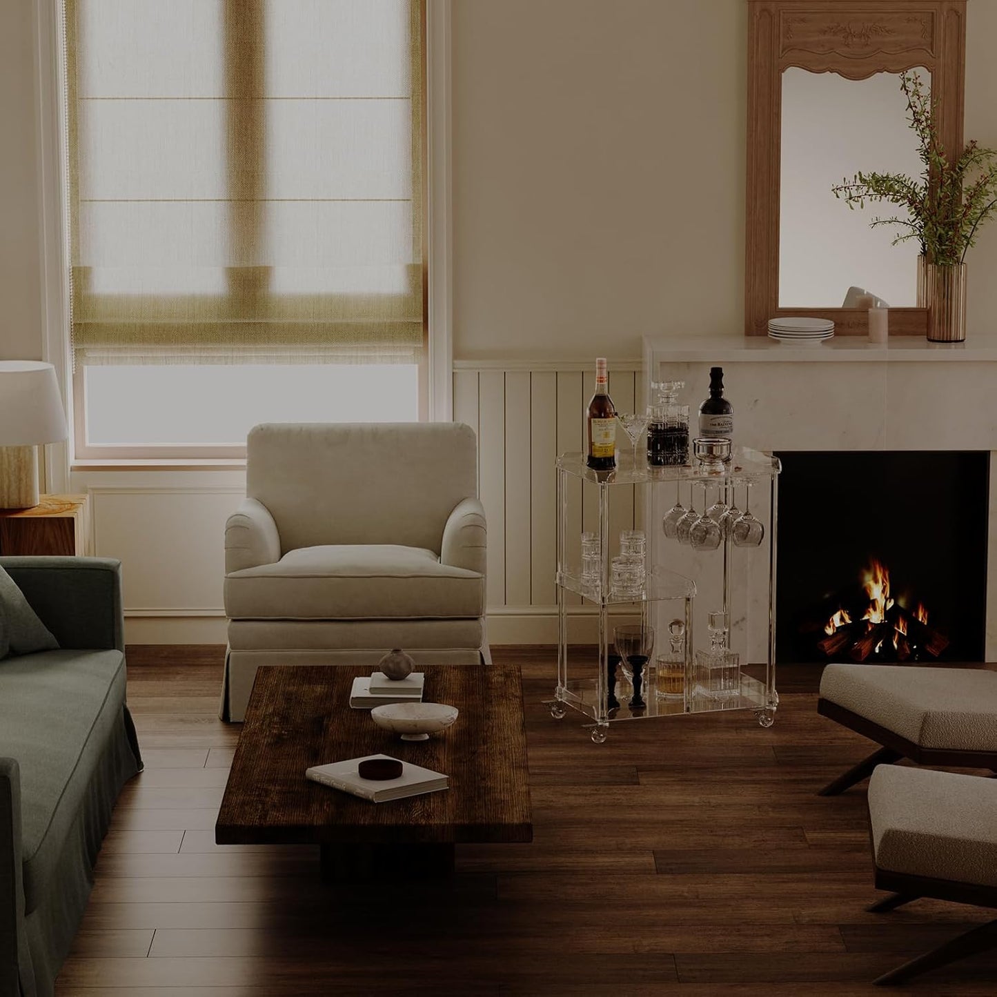 HMYHUM Acrylic Bar Cart with 4 Lockable Wheels, 3 Tier Clear Serving Cart with Glass Holder, Rolling Beverage Cart for Home, Kitchen, Dinning Room, 23.6''D x 15''W x 32.3''H