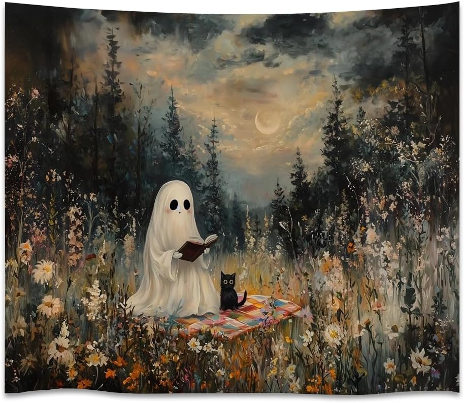 Halloween Ghost and Black Cat Tapestry Wall Hanging Spooky Ghos Reading Book in Wildflowers Wall Decor Halloween Witchy Room Aesthetic Tapestries for Goth Living Room Bedroom Decoration 70x90inch