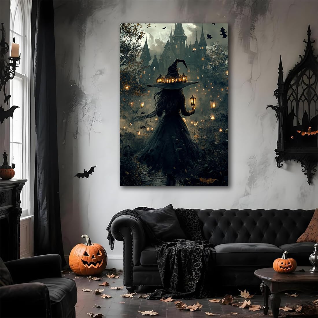 Halloween Witch and Haunted House Canvas Wall Art,Dark Academia Scary Witch Castle Posters Prints,Thriller Horror Gothic Wall Decor Pictures for Halloween Party House Decoration,20"x30" Framed