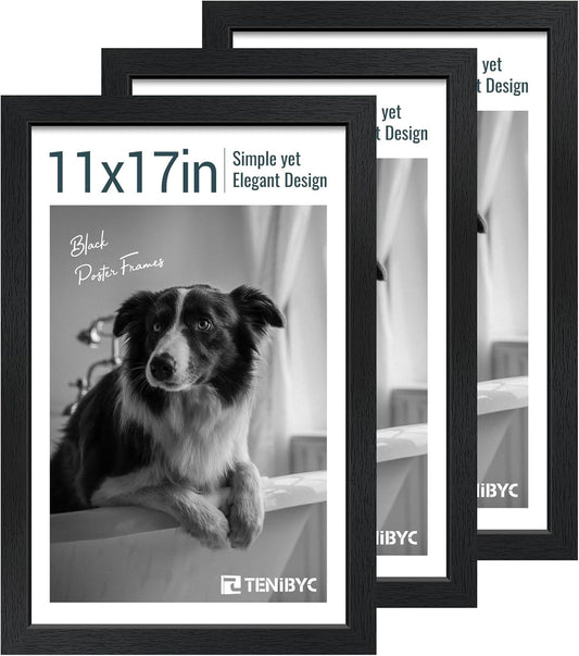 11x17 Picture Frame 3 Pack - Black Woodgrain, Solid Wood & HD Tempered Glass, Wall Gallery Poster Frame