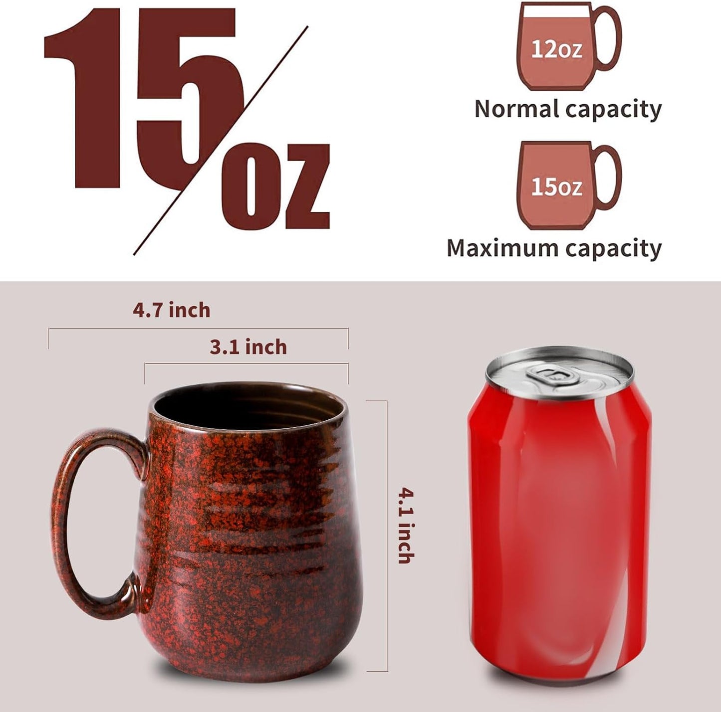 Hasense Coffee Mugs Set of 6, 15 Ounce Ceramic Coffee Cups Set with Handle,Porcelain Tea Mug for Kitchen, Red Cup for Tea,Cocoa,Dishwasher and Microwave Safe