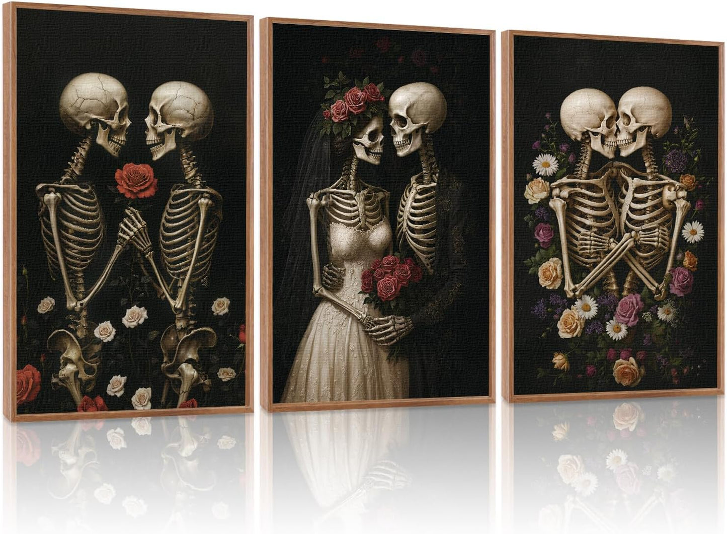 HLNIUC Halloween Rose Wedding Framed Wall Art,Vintage Skeleton Rose Canvas Prints,Abstract Romantic Theme Wall Decor Set of 3(16”x24”)Dark Romance Framed Painting,Roses Skull Art Print for Living Room