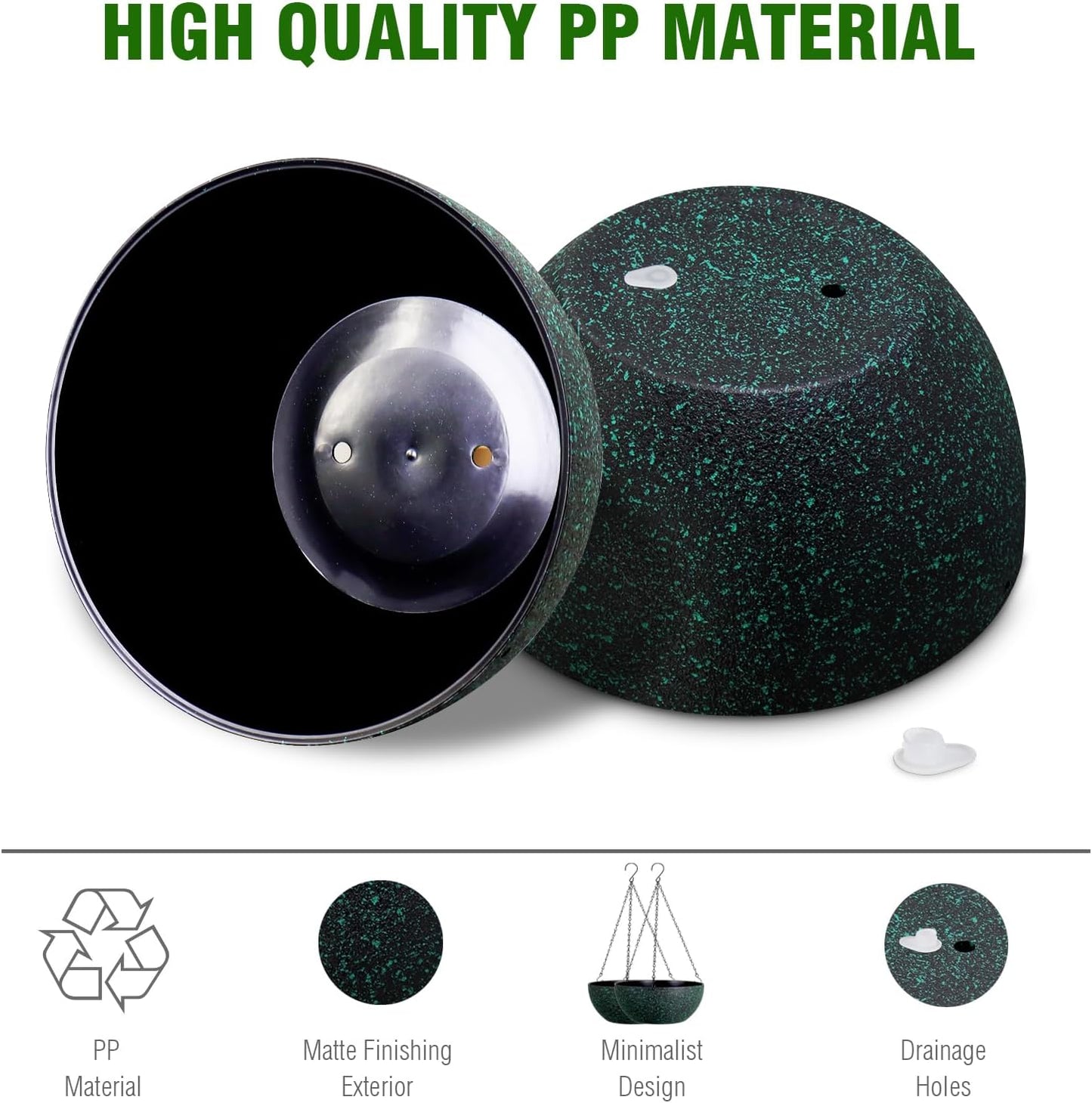 10inch Hanging Planters for Outdoor Indoor Plants with Drainage Holes and Chain, 2 Pack Round Hanging Flower Pots for Garden Home Porch Decor, Black with Green Speckles