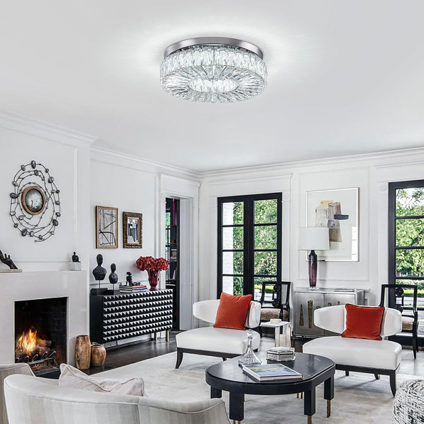 16.5" Crystal Chandelier LED Modern Flush Mount Ceiling Light Fixtures Round Ring Luxury Large Chandelier for Living Room Bedroom Dining Room Entrance (Cool white-16.5")