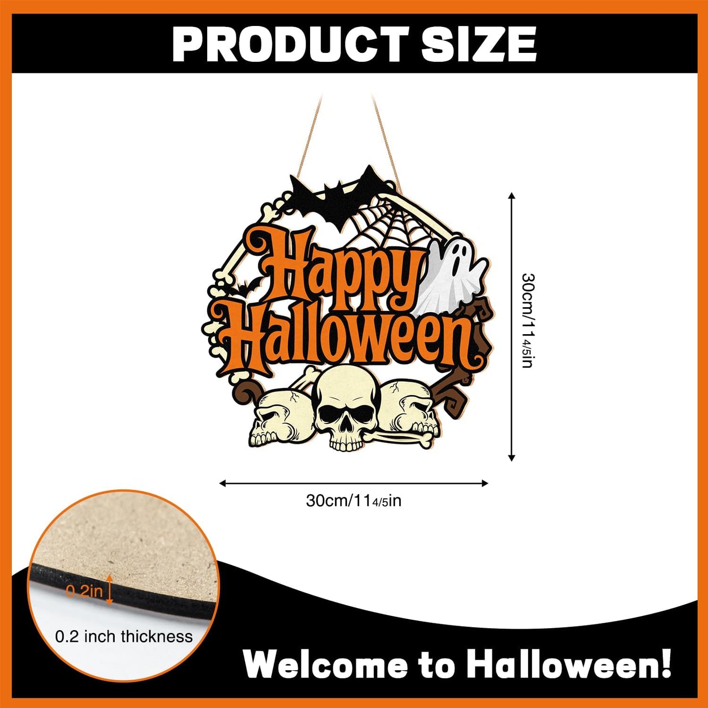 Halloween Door Wreath, Happy Halloween Sign Wooden Ghosts Skulls Bats Halloween Wreaths for Front Door, Halloween Door Decorations Indoor Outdoor Sign