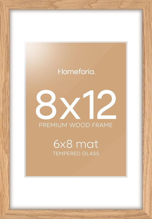 Homeforia 8x12 Picture Frame Wood, High End Natural Oak 8 x 12 Light Wooden Frames with Mat 6 by 8 inch Photo, 8by12 Frame Matted to 6x8 Art, Wall or Tabletop Frame, Tempered Glass, Wall Kit, Set of 1