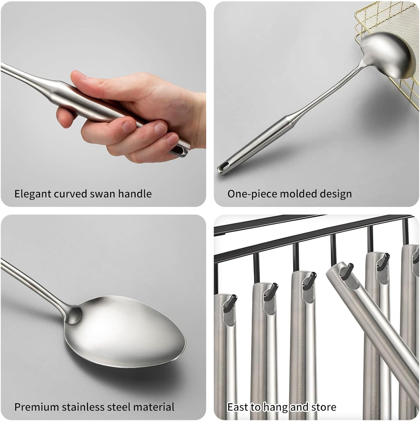 304 Stainless Steel Cooking Utensil,Kitchen Kitchen Utensil with Spatula, Solid Spoon, Ladle, Skimmer, Spaghetti Spoon, 6 Piece Set, Dishwasher Safe