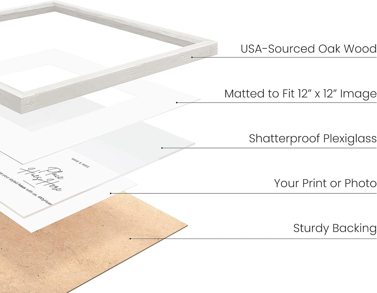 HAUS AND HUES Solid Oak Wood 16”x16” Picture Frames Matted to 12”x12” Set of 6 - White Picture Frames 16x16, Square Frames 16x16, White Square Picture Frames, 16x16 Gallery Wall Frame Set