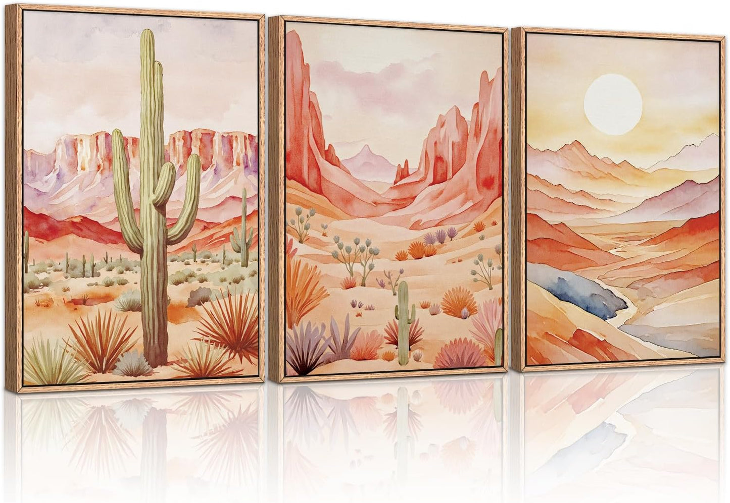 HLNIUC Boho Desert Plant Framed Canvas Wall Art Set,Southwestern Sun Mountain Wall Decor,Cactus Sunset Landscape Wall Painting,Watercolor Abstract Desert Art Prints for Living Room,Bedroom - 16”x24”x3