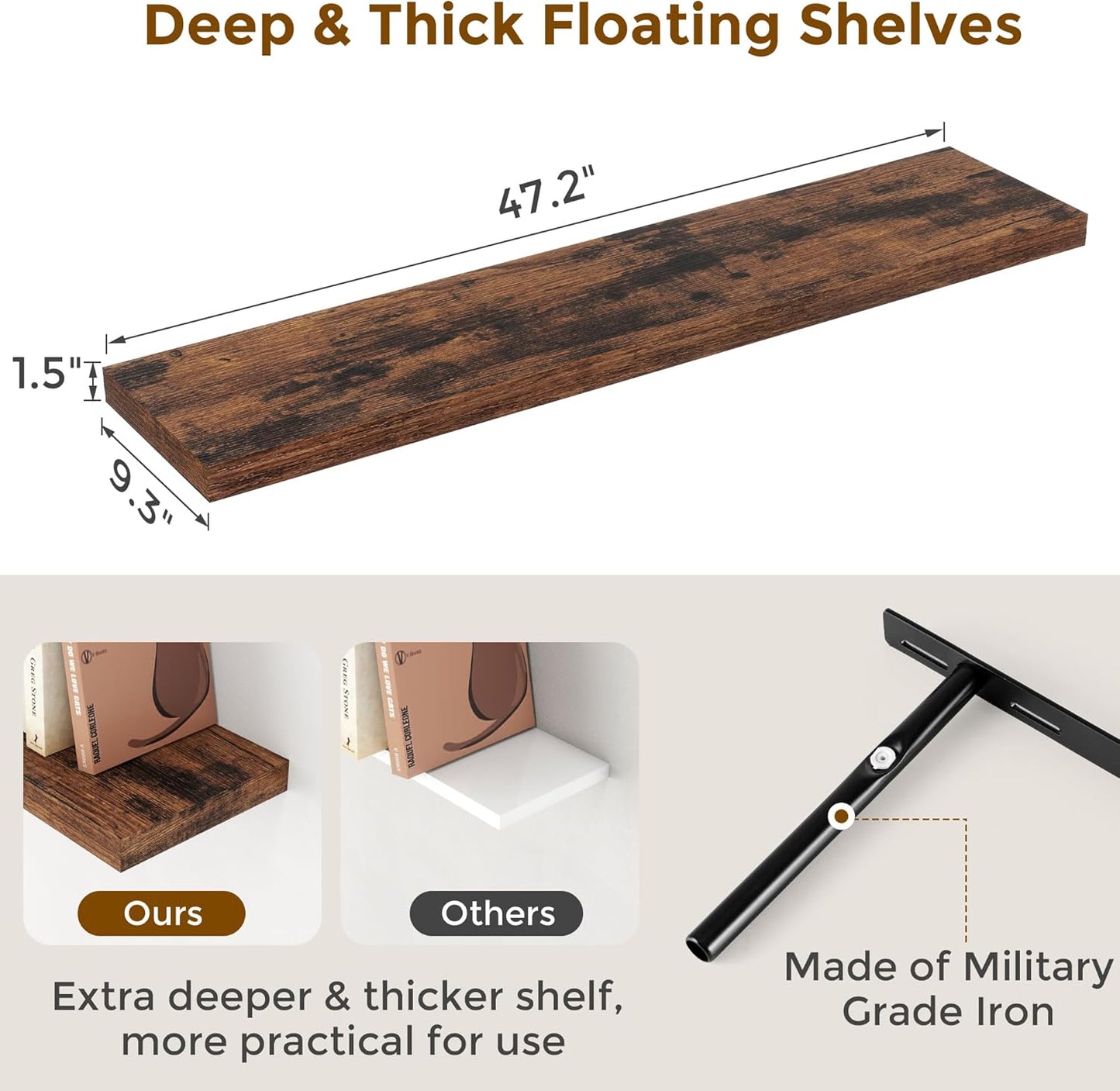 48 Inch Floating Shelves Set of 2, Rustic 48 x 9 Floating Shelf for Wall, 9 Inch Deep Bookshelf Invisible Bracket, Wall-Mounted Deep Shelving for Bedroom, Kicten, Living Room, Rustic Brown Color