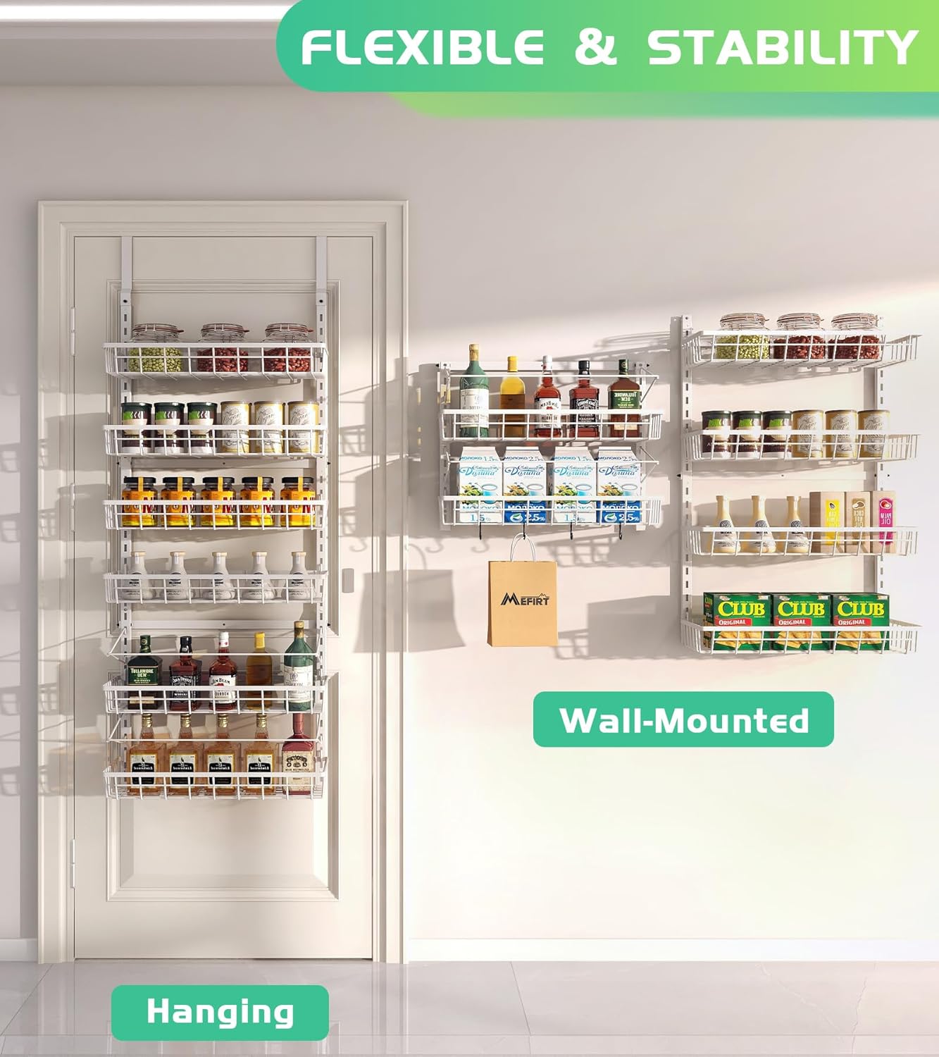 Over The Door Pantry Organizer, Wall Mount Spice Rack, Pantry Hanging Storage and Organization, 6 Adjustable Baskets Heavy-Duty Metal for Home & Kitchen, Back of Door Seasoning Rack - White