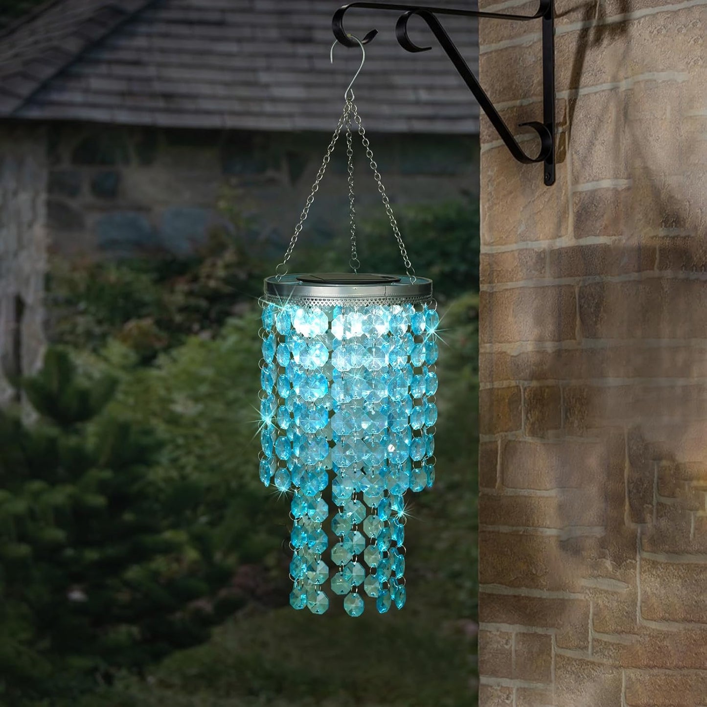 Hanging Solar Lantern Outdoor, 2 Tiers 21” Solar Blue Acrylic Beaded Chandelier with Cool White LED S Hooks for Garden Yard Patio Gazebo Outside Decor