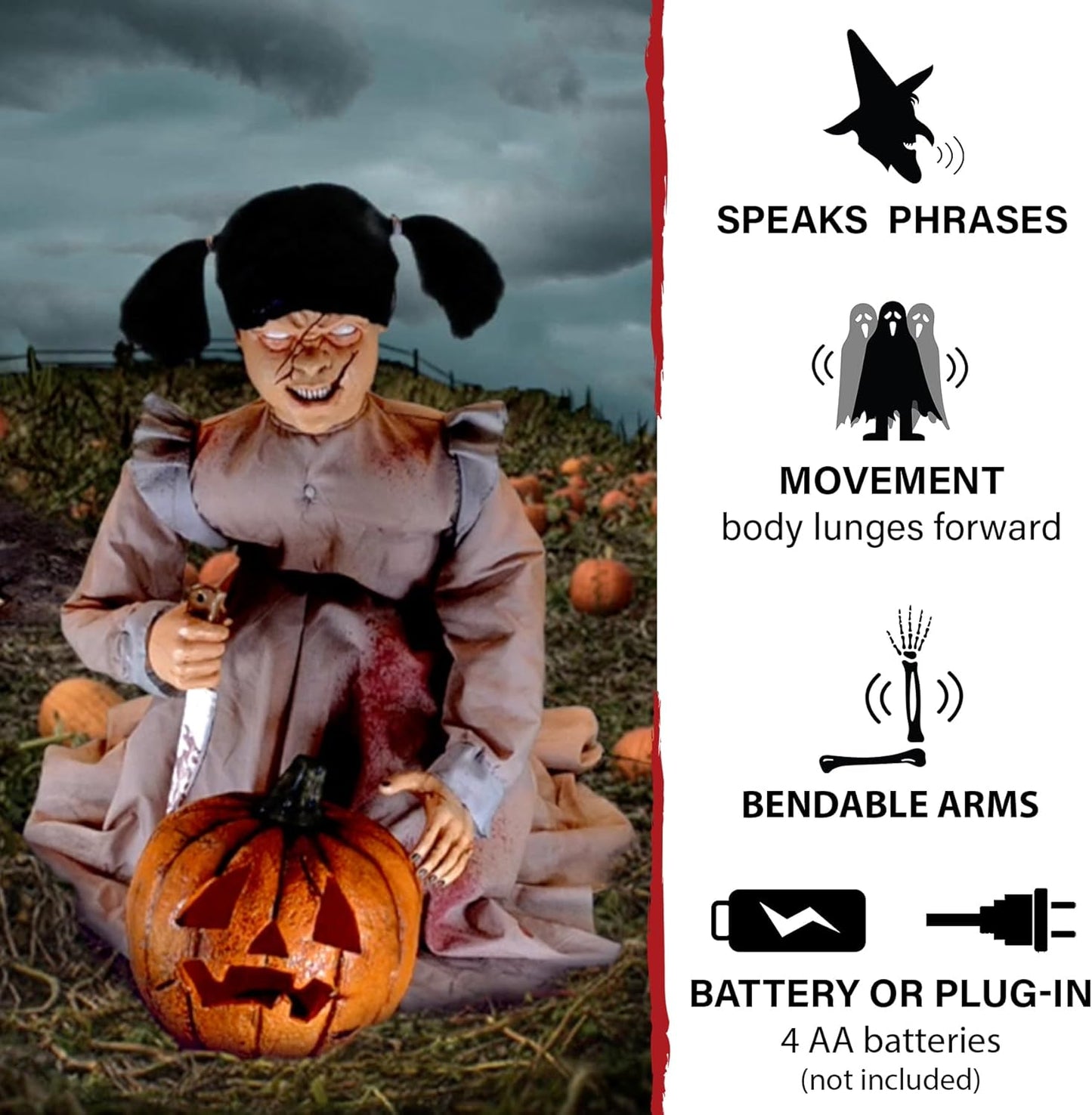 Haunted Hill Farm Lunging Pumpkin Carver Zombie Girl by Tekky, Motion-Activated Talking Halloween Animatronic for Indoor or Covered Outdoor Creepy Halloween Decorations, Plug-in or Battery Operated