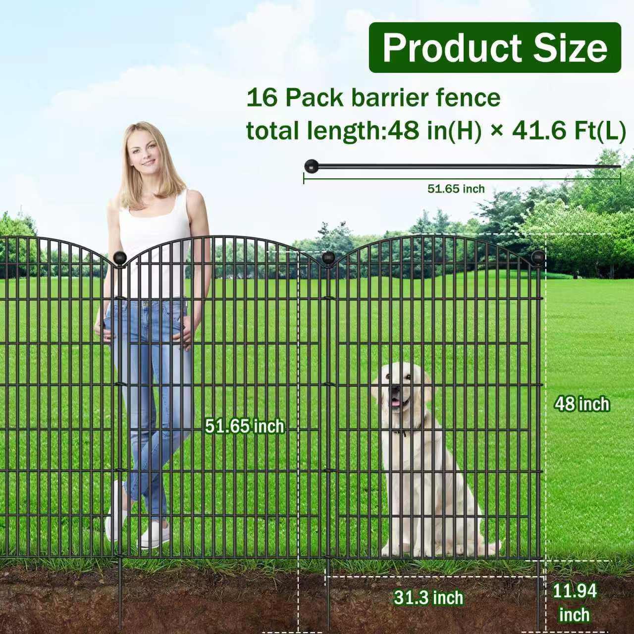 16 Panels Decorative Garden Fence - 48 in (H) x 41.6 ft (L) 16 Panels - Dog Fence Outdoor for Yard，Rustproof Metal Animal Barrier Ground Stakes Fencing for Garden, Patio, Flower Bed