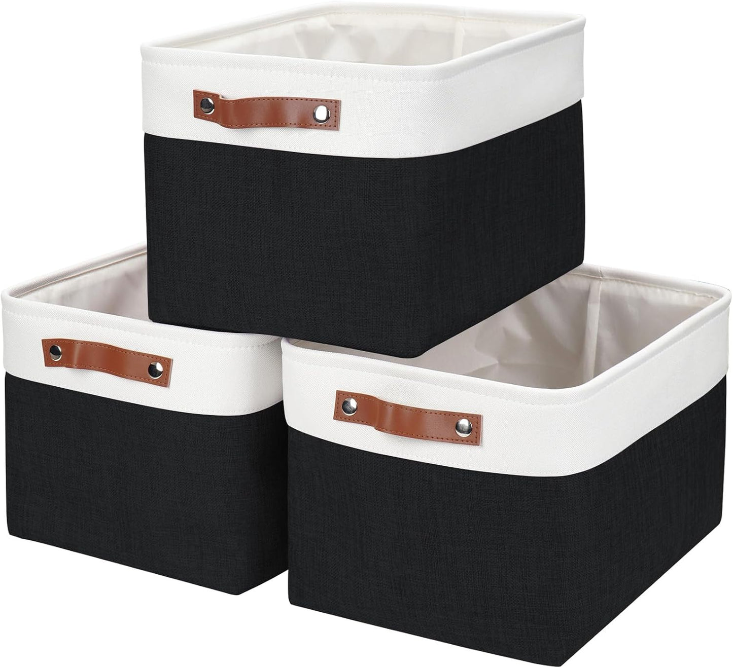 Storage Bins Large Fabric Storage Baskets for Shelves 3 Pack, Decorative Linen Closet Baskets with Handles for Organizing, Shelf, Clothes, Home, Office, 15x11x9.5Inches (Black&White)