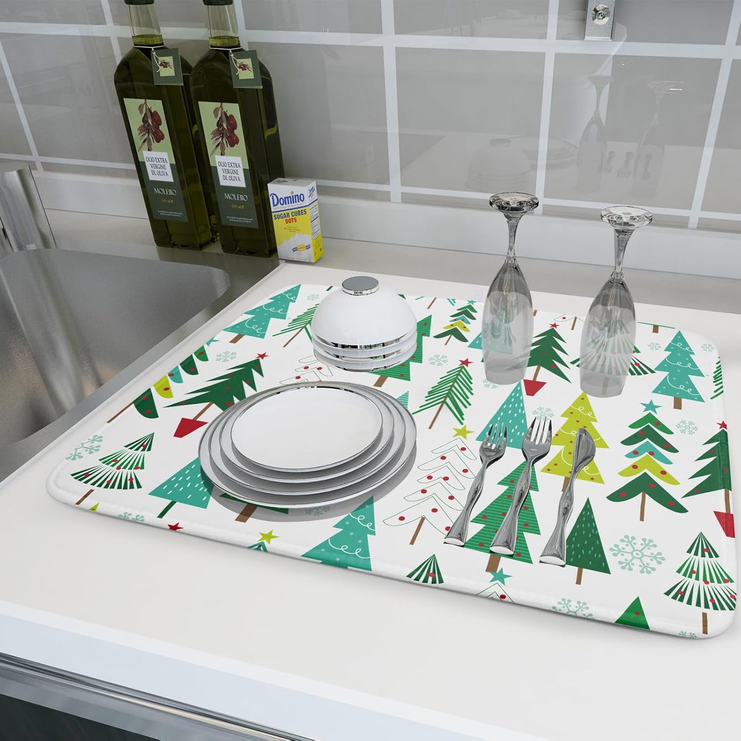 Green Trees Dish Drying Mat for Kitchen Counter Holiday Super Absorbent Reversible Microfiber Kitchen Countertop Protector Dishes Pad Large 18x24 inch