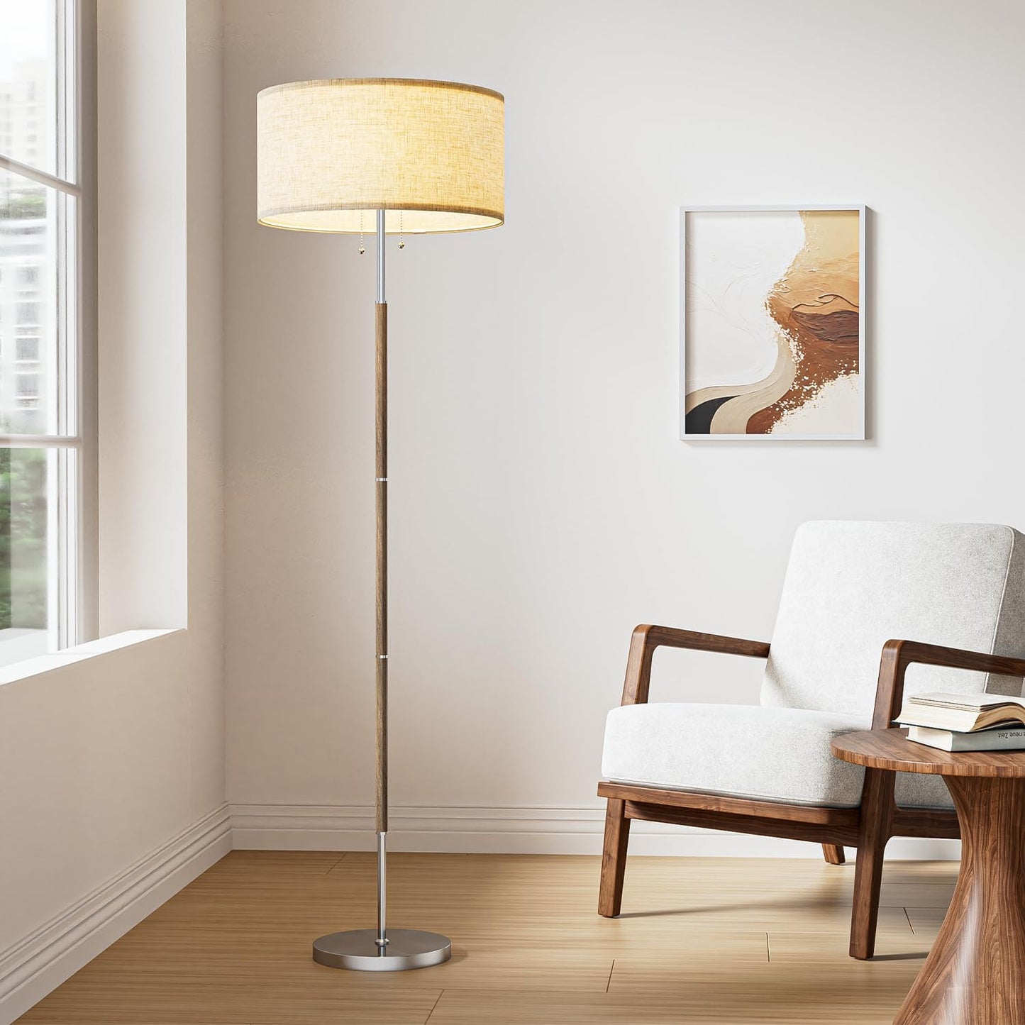 2-Light Floor Lamp, Mid Century Floor Lamp with Beige Lampshade, Standing Lamp Tall Lamp for Living Room Bedroom, 3 Color Temperatures 9W Bulb Include