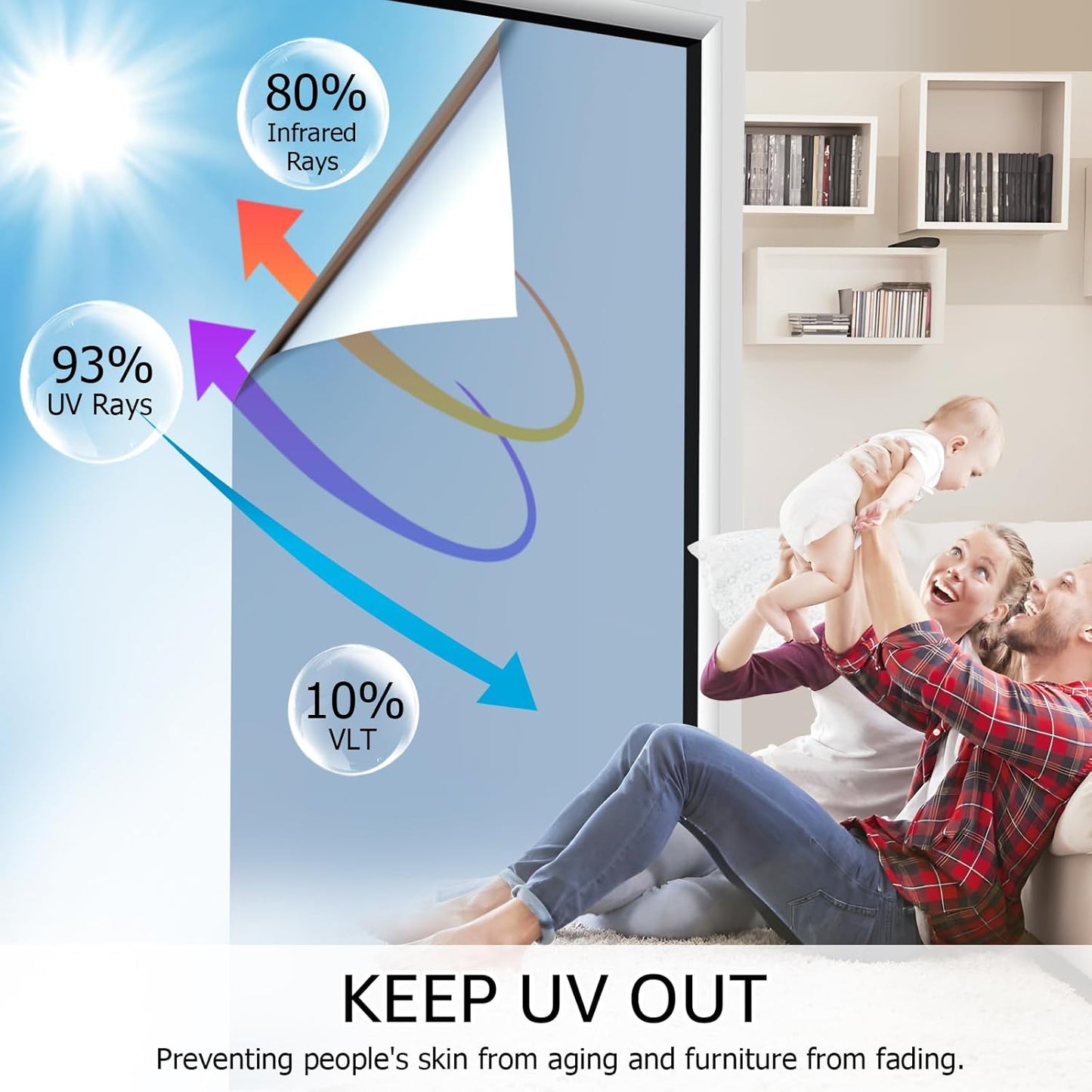 HIDBEA One Way Mirror Window Film,Daytime Privacy Sun Blocking Reflective Window Film Static Cling Heat Control Window Tinting Film for Home and Office, Blue Silver, 35.4 x 78.7 Inch