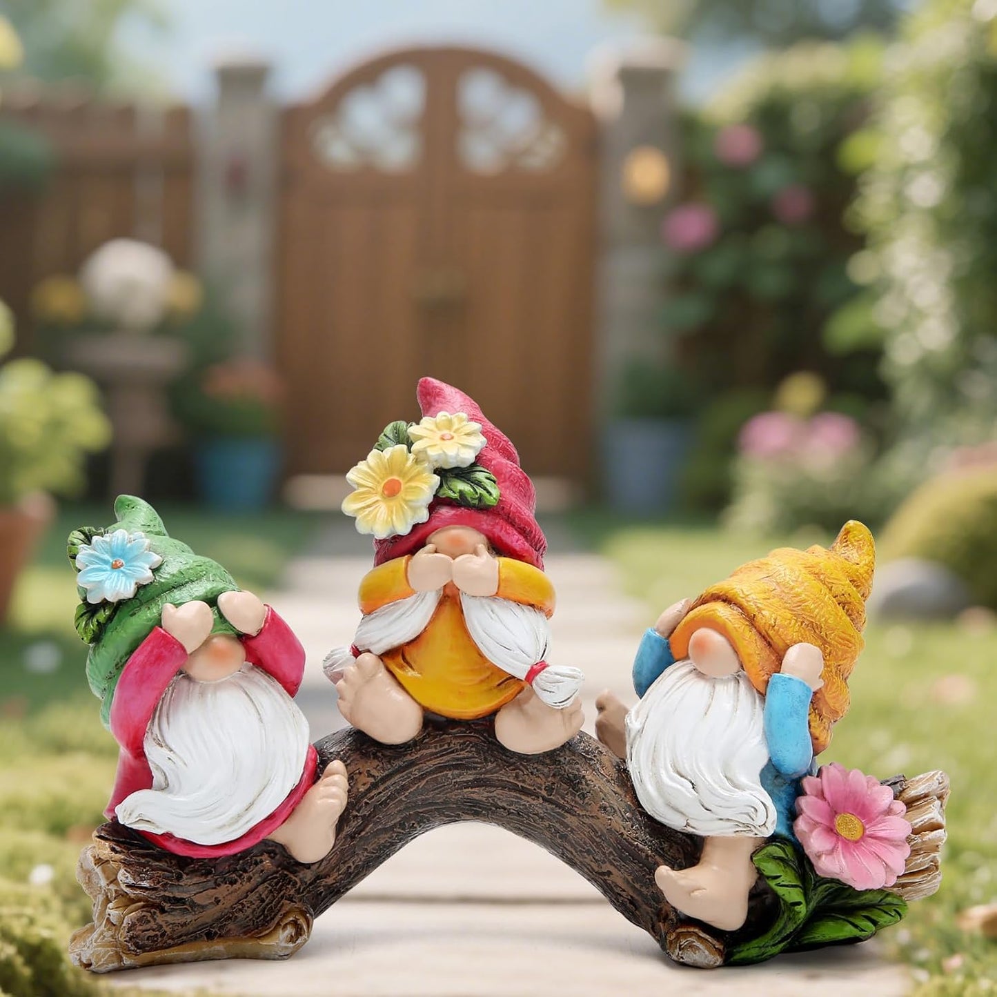 Hodao Spring Hear-No, See-No, Speak-No Gnomes Figurines Decorations Outdoor Flower Gnome Ornaments Decor for Home Table, Garden Yard, Flower Bed Summer Garden Gifts Decor for Mom