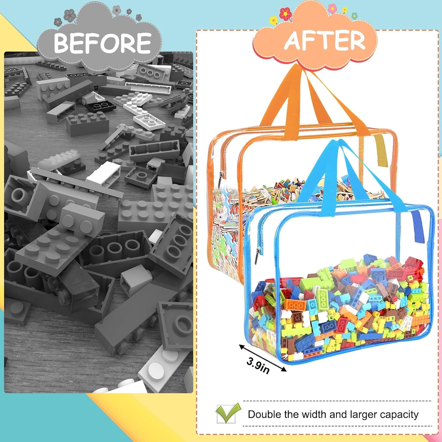 OPELETNNT 6 Color Large Toy Storage Bags with Labels, Reusable Clear PVC Board Game Storage, Travel Waterproof Organizer Bags with Zipper for Building Blocks, Puzzle, Kids Books