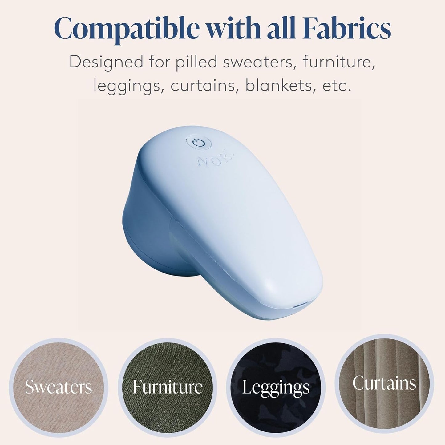 Nori Trim Fabric Shaver - Lint Remover for Clothes & Furniture Couch Pilling - Sweater Pill Remover - Clothes Shaver with 6 Precision Blades - Wireless and Rechargeable - Blue