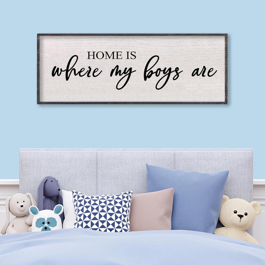 Home Is Where My Boys Are Wall Decor 40"×15" mom and her boys Sign for boys room Playroom Large Wood Framed Wall Hanging Art (Black)