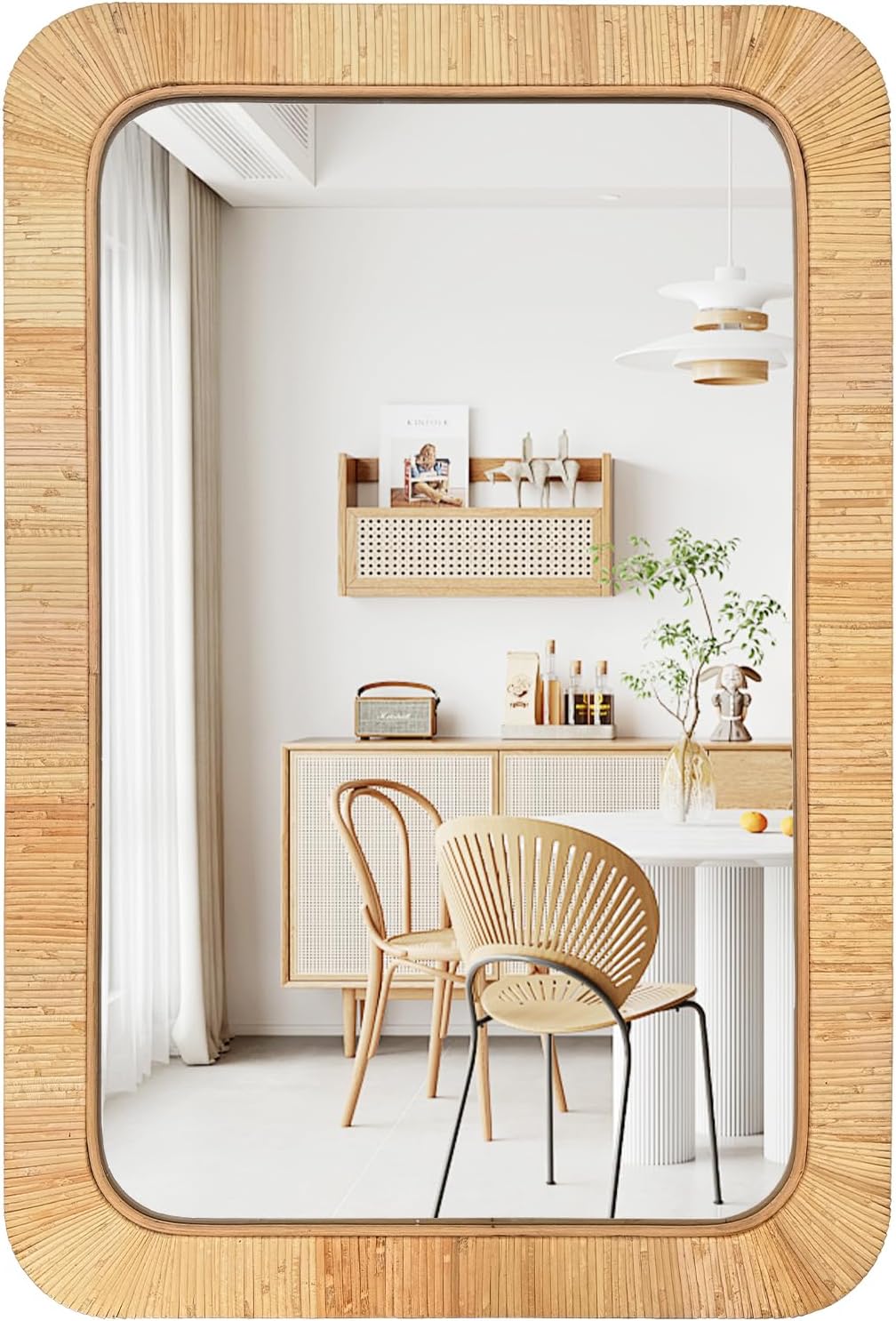 24x36 inch Rattan Rectangular Mirror for Wall, Bohemia Bathroom/Farmhouse Boho Mirrors, Vanity Irragular Decorative Mirror, Suitable for, Nursery, Bedroom, Living Room, Home Decoration
