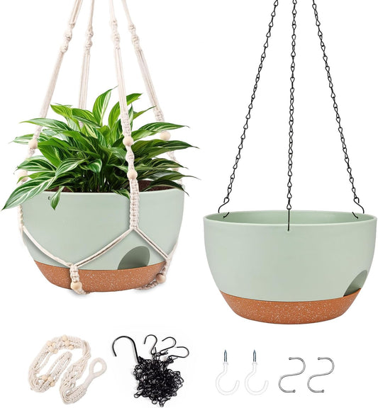 Hanging Planters for Outdoor Indoor Plants, 2 Pack 12 Inch Hanging Basket Plants Outdoor, Self Watering Hanging Planter with Plant Hanger for Garden Home Decoration (2 Type Plant Hangers Green)