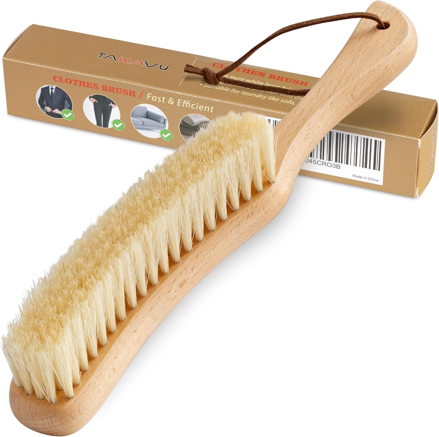 TAKAVU Clothes Brush Hat Brush, White Boar Bristle Lint Brush with Large Beech Wood Handle - Perfect for Pet Hair, Suits, Velvet, Cashmere, Wool, Suede, Shoe - Effective Lint Remover