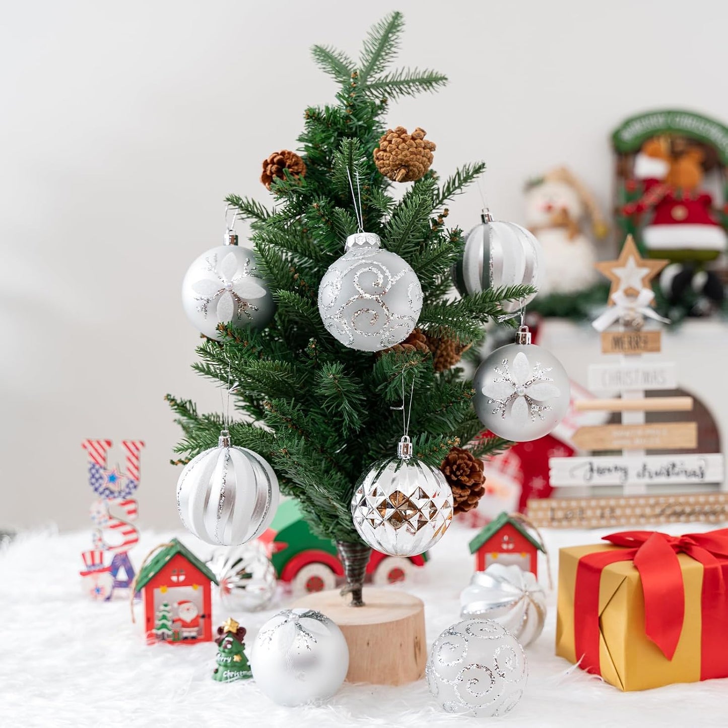 16Pcs Christmas Ball Ornaments Set, 3.15" Shatterproof Christmas Ornaments, Luxury Glitter Hanging Ornaments for Xmas Tree, Xmas Holiday, Party, Wedding (Silver)