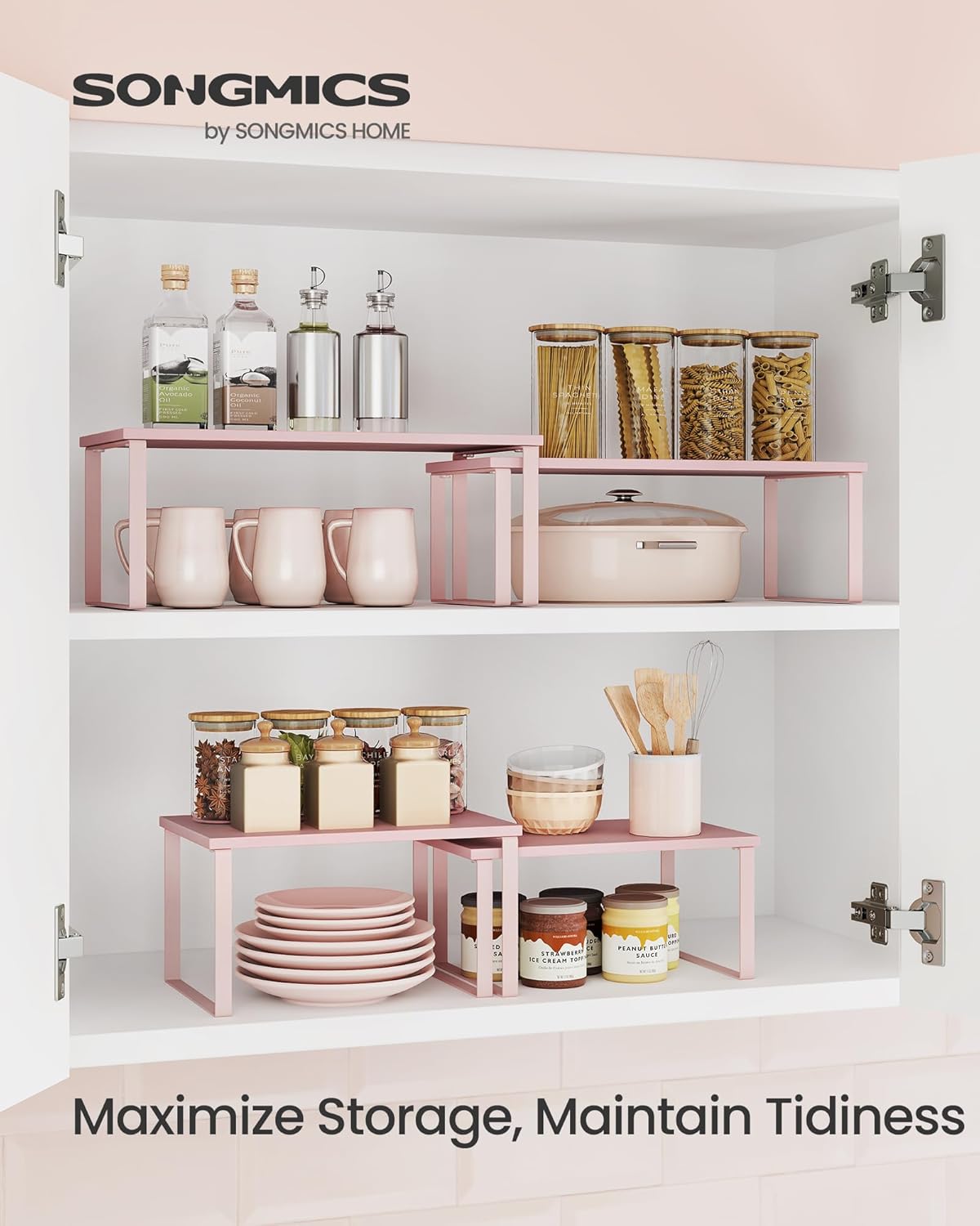 SONGMICS Cabinet Organizer Shelf, Set of 2 Kitchen Counter Shelves, Kitchen Storage, Spice Rack, Stackable, Expandable, Metal and Engineered Wood, Jelly Pink UKCS020S01