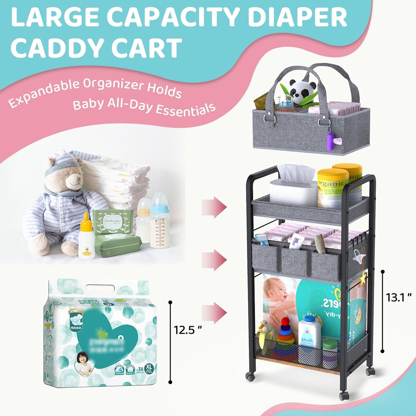 2IN1 Baby Diaper Caddy Organizer-3 Tier Rolling Storage Cart with Dividers - Bedside Diaper Caddy Cart for Baby Nursery Newborn Essentials-Mobile Utility Carts with Wheels for Changing Table