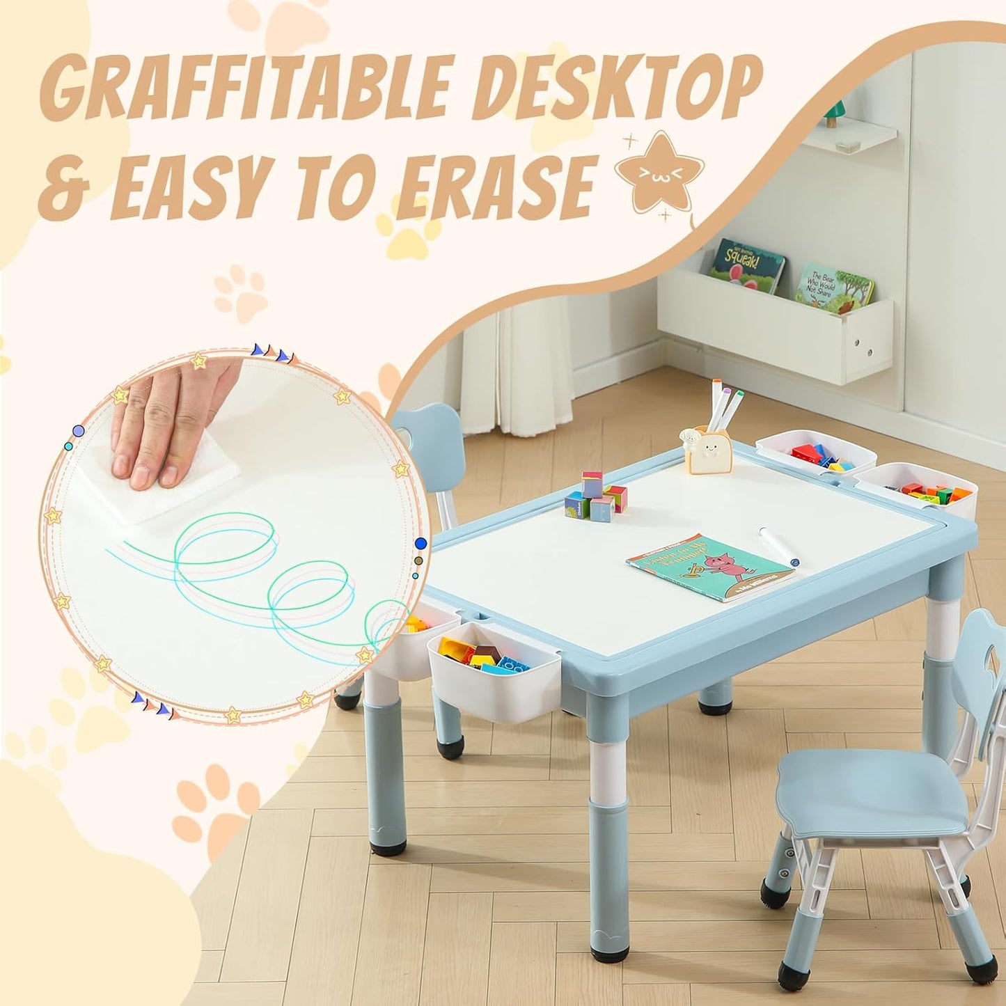 Multi Functional Kids Table and 2 Chairs Set, Graffiti & Building Blocks Double-Sided Tabletop, Toddler Play Table with Drawers, Large Storage Space, Gift for Boys/Girls, Blue