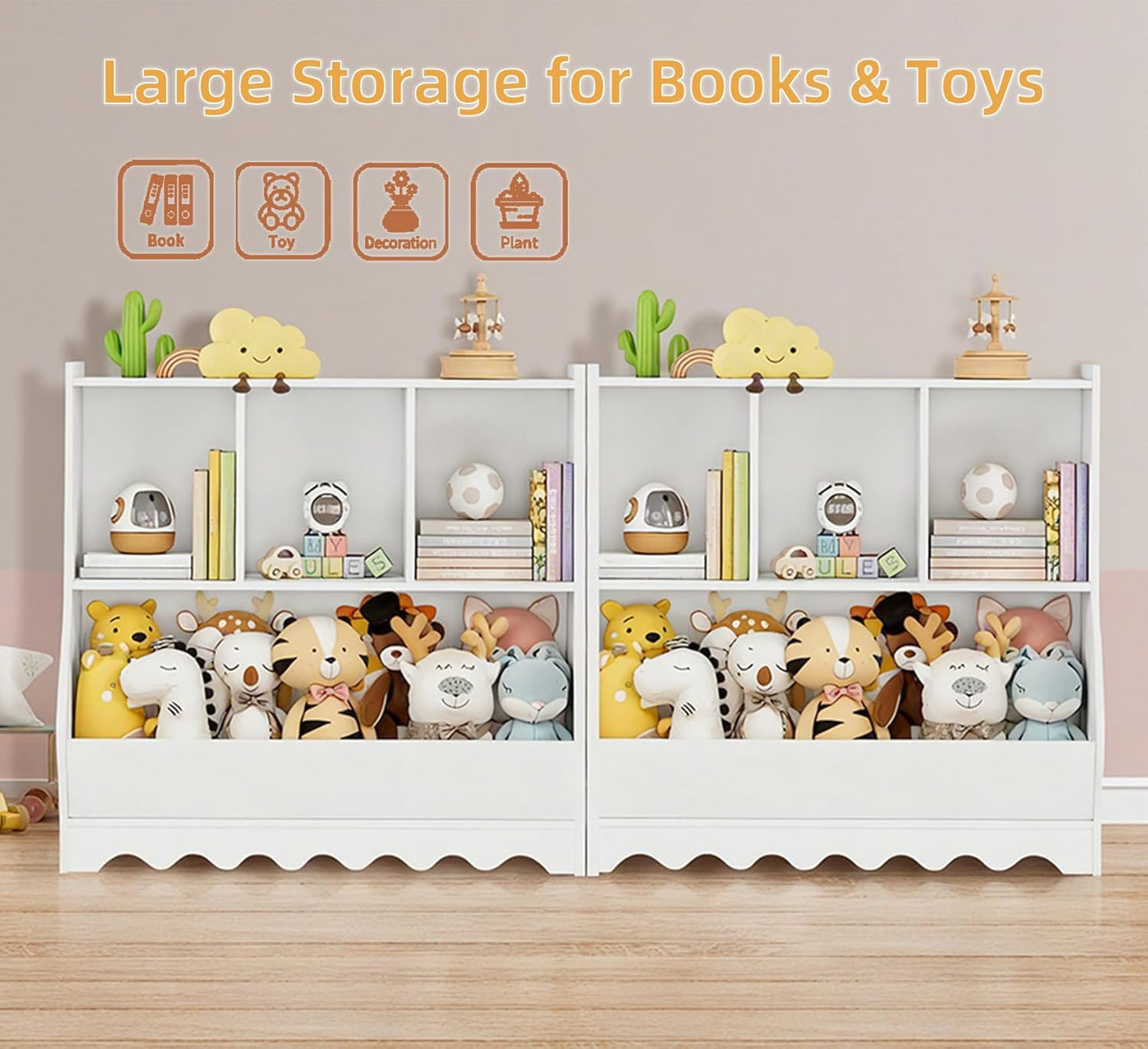 Wood Kid Storage Cubby, Toy Storage Organizer with Bookshelf, 32"L x 15"D x 31"H Montessori Toy Shelf, Nursery Book Shelves, Wooden 4-Cubby Children Book Shelf for Playroom Classroom, White